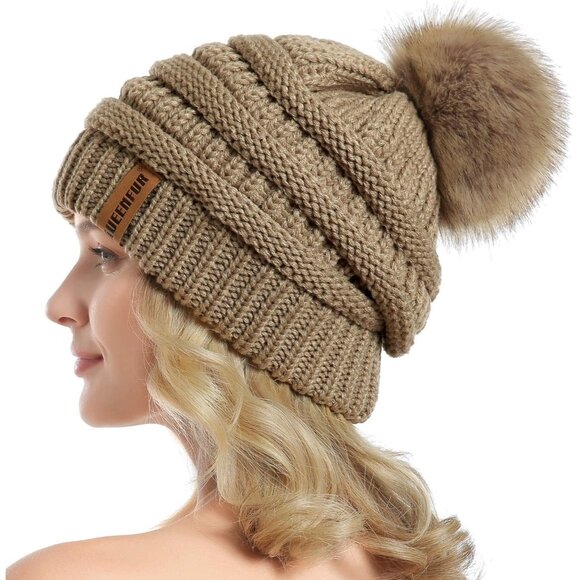Women Khaki Soft Acrylic Thick Baggy Knit Winter Faux Fur Pompom Beanie - Picture 1 of 6